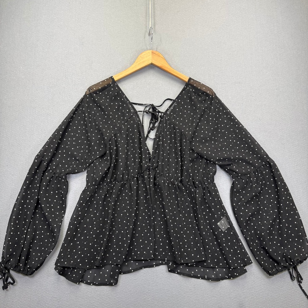 For Love & Lemons Black Polka Dot Peplum Blouse V-Neck Balloon Sleeve CT1297P‎ M